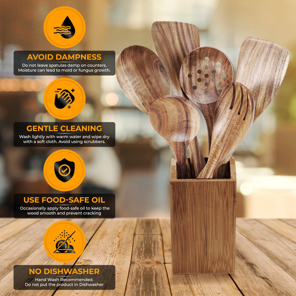 STORE INDYA 8 Piece Wooden Spoons for Cooking,Wood Kitchen Cooking Utensil Set for Nonstick Pans and Cookware | Wooden Utensil Set with Spoon Rest and Holder | Lightweight, Heat Resistant, Non Toxic